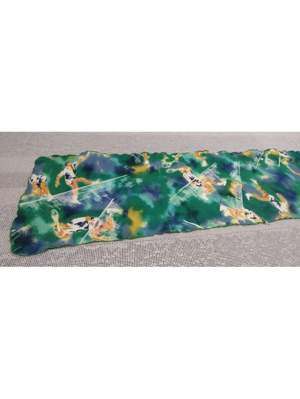 Vintage 60s 70s Oblong Long Scarf TENNIS PLAYERS Green White Blue Lettuce Edge